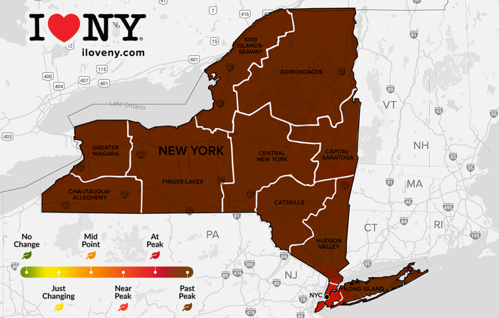 NYC Fall Foliage Map showing peak colors